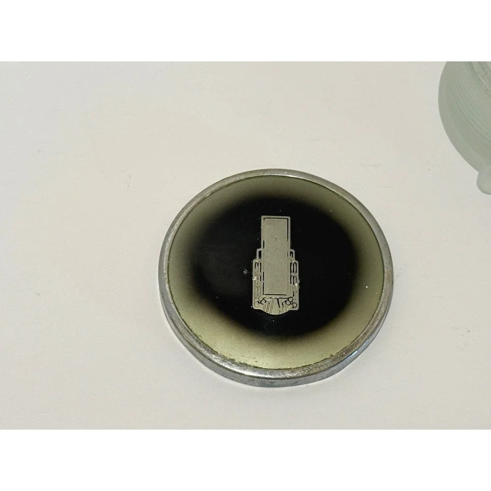 Vintage Art Deco Powder Jar Frosted Glass Metal Lid Skyscraper Vanity Trinket